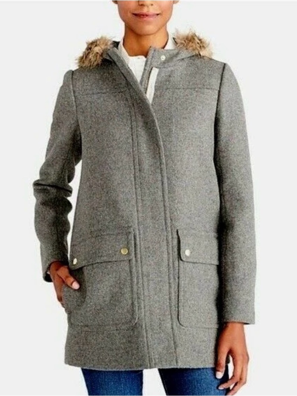 J. Crew Mercantile Gray Wool-Blend Faux Fur Hooded Pea Coat Womens Size 18
